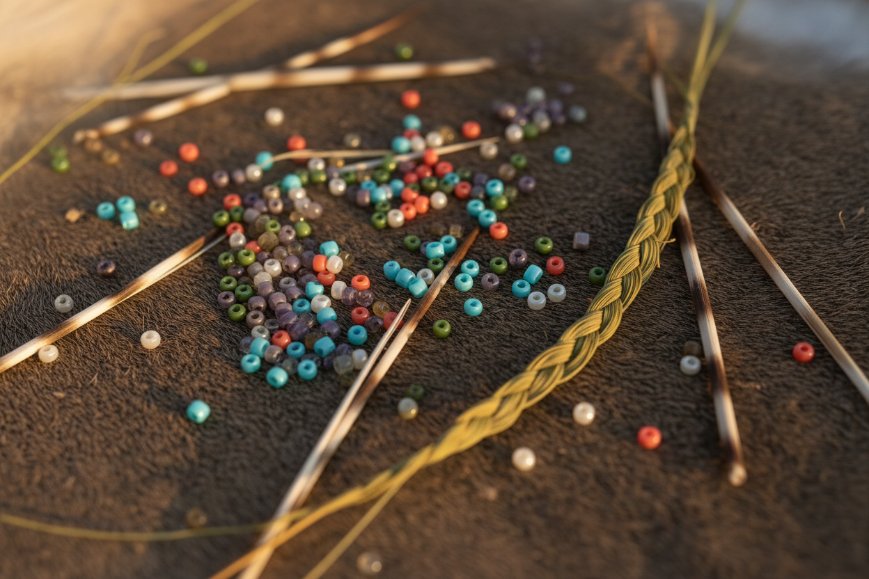 Delicate beads, quills and sweetgrass on hide