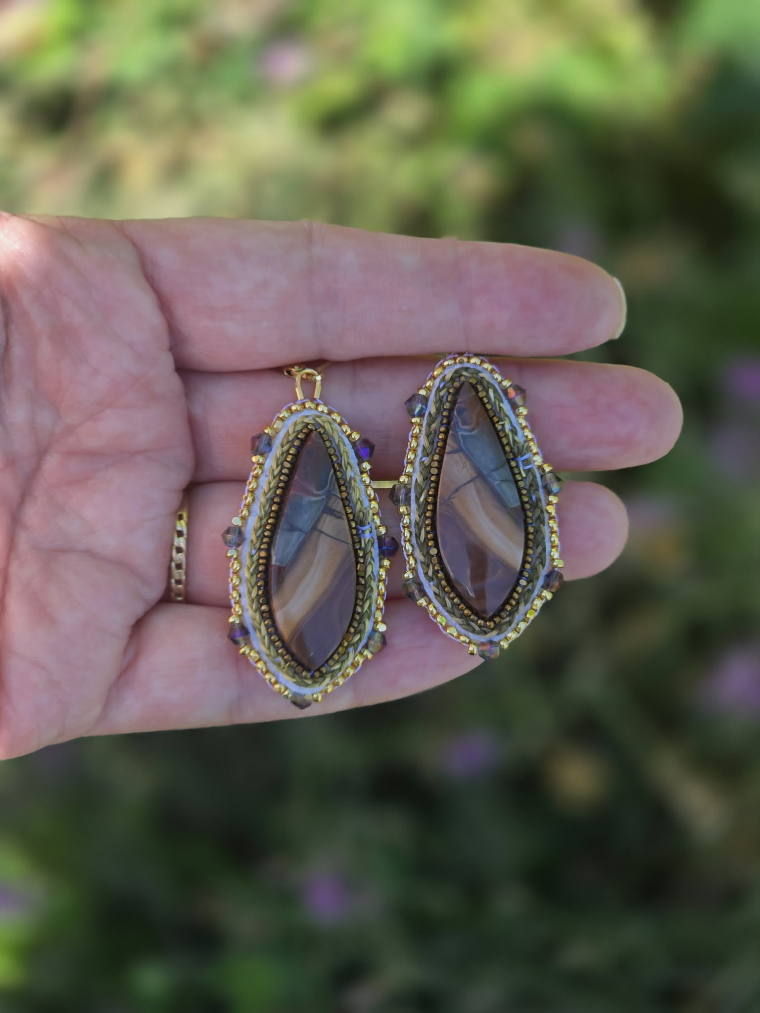 Petrified Wood and Sweetgrass Earrings